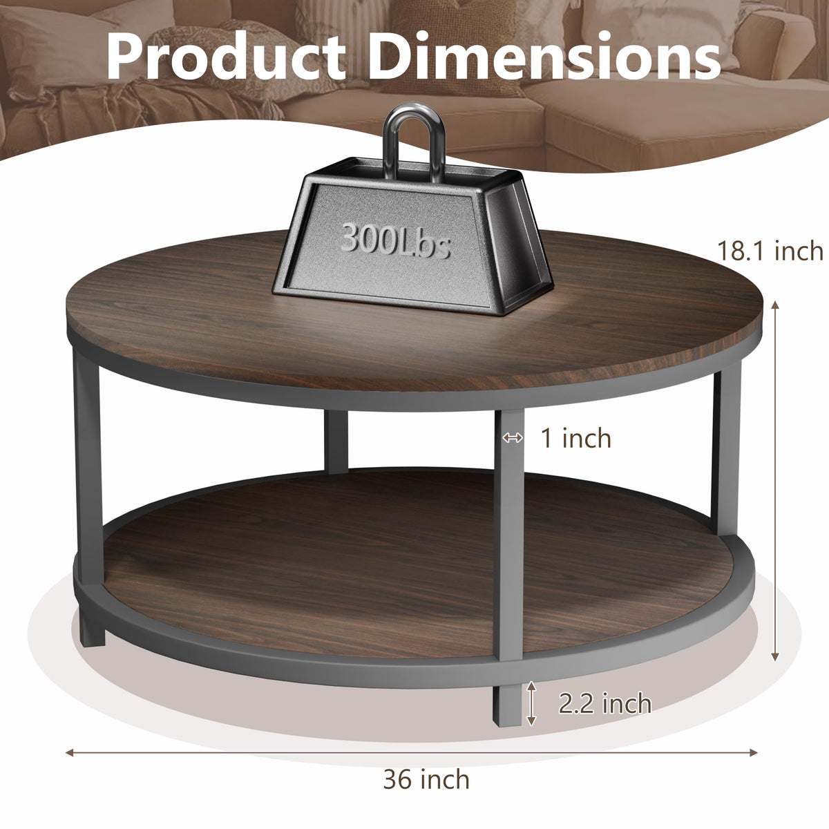 36" Round 2-Tier Coffee Table with Storage Shelf, Black Walnut N66826