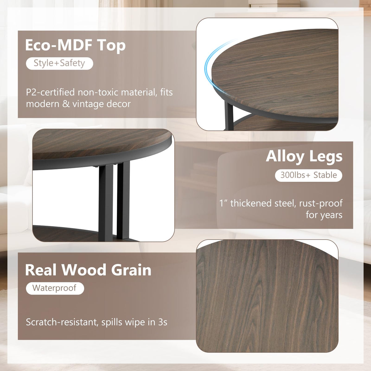 36" Round 2-Tier Coffee Table with Storage Shelf, Black Walnut N66826