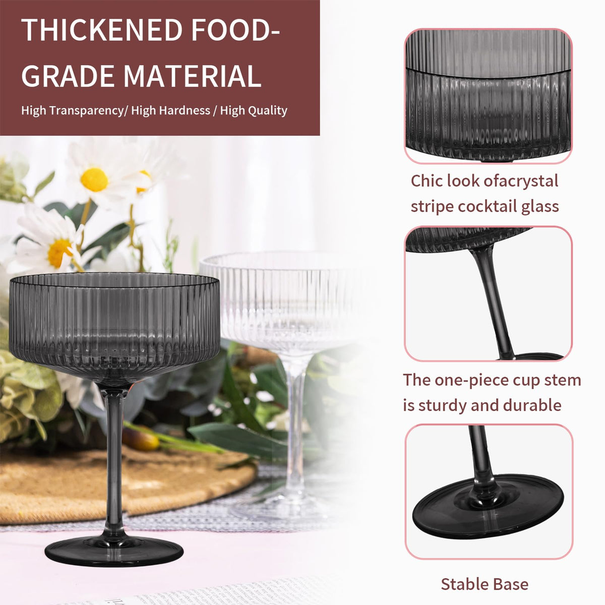 6 Pieces 10.5oz Black Ribbed Acrylic Cocktail Glasses W517