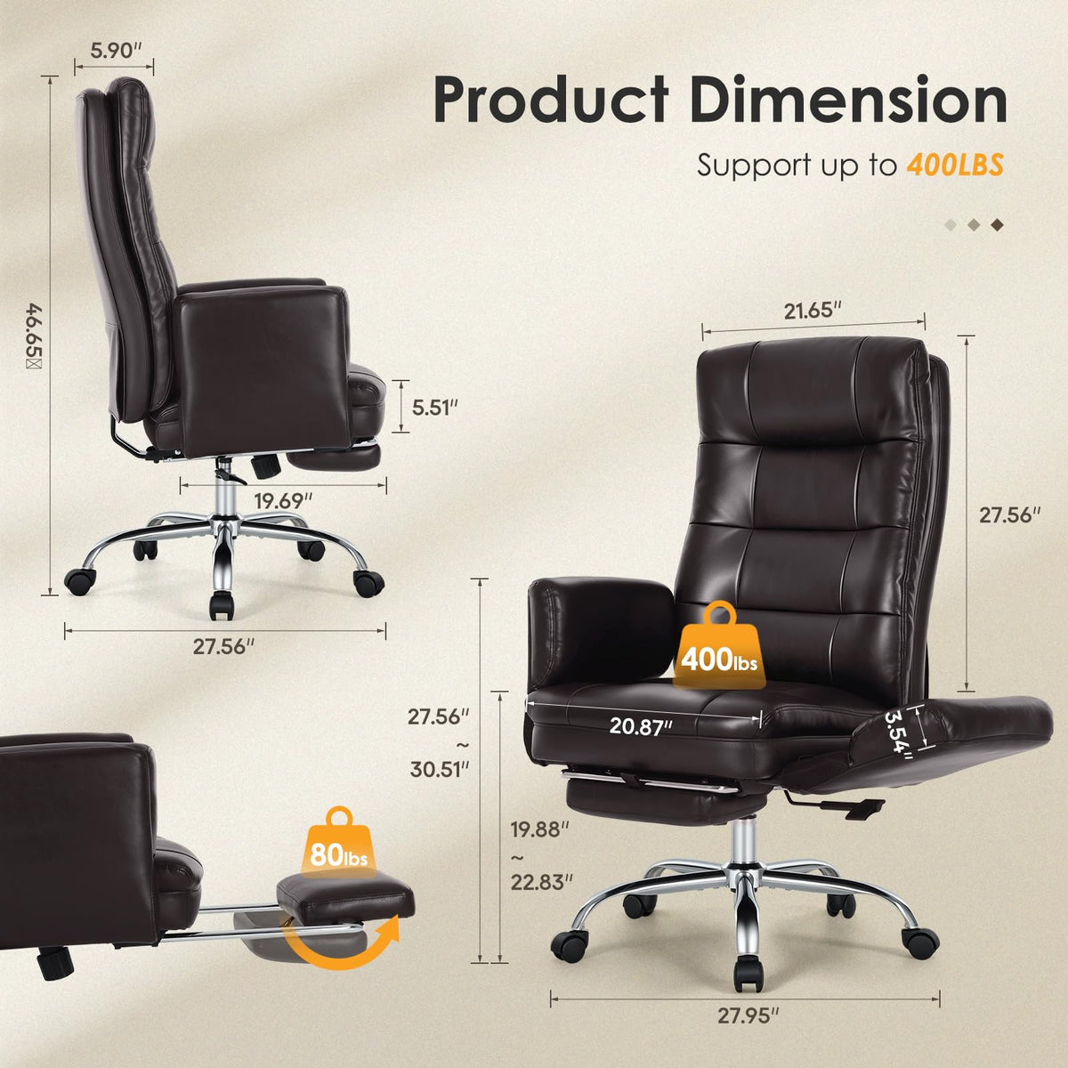 Big and Tall Ergonomic Office Chair with Foot Rest, Brown G8397