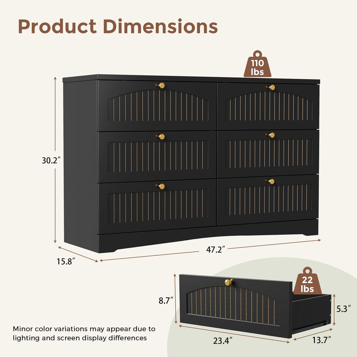 Black 6 Drawer Fluted Wood Dresser B167