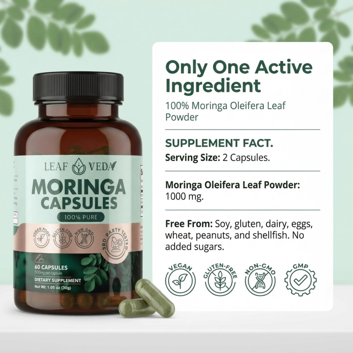 Moringa Capsules 1000mg Vegan Non-GMO 60 Count L89375