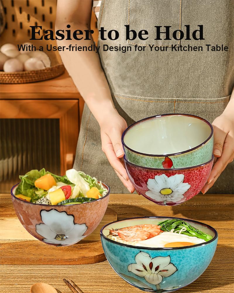 Ceramic Cereal Bowl Set of 4, 28oz Floral Pattern, Microwave Safe V6754