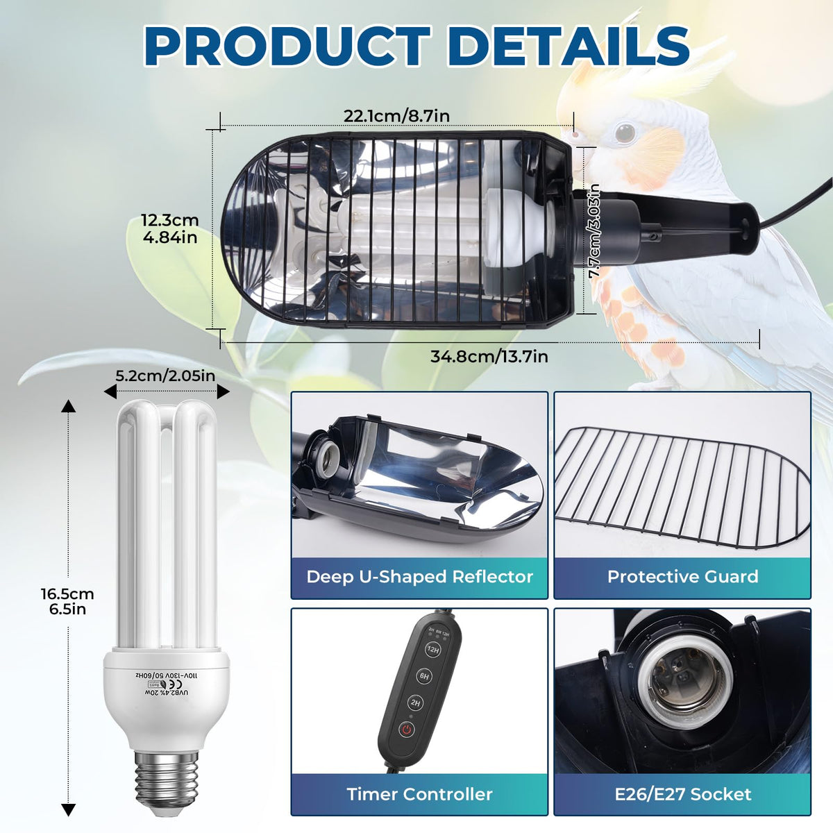 2.4% UVB Bird Cage Light Fixture Combo Kit with Adjustable Timer X8266