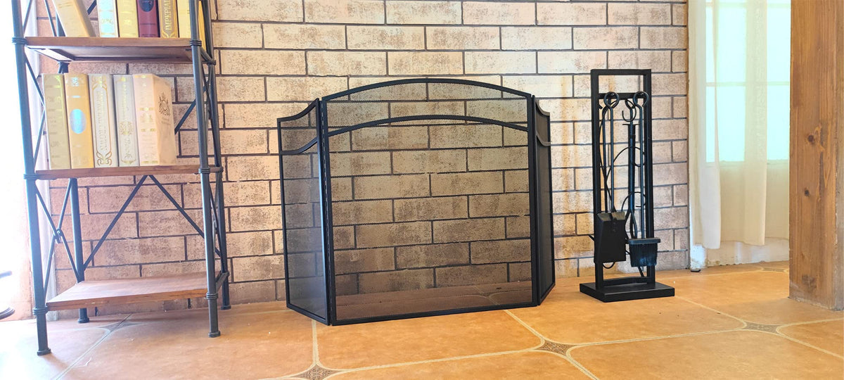 3 Panels Fireplace Screen with Arch Frame Black M37723