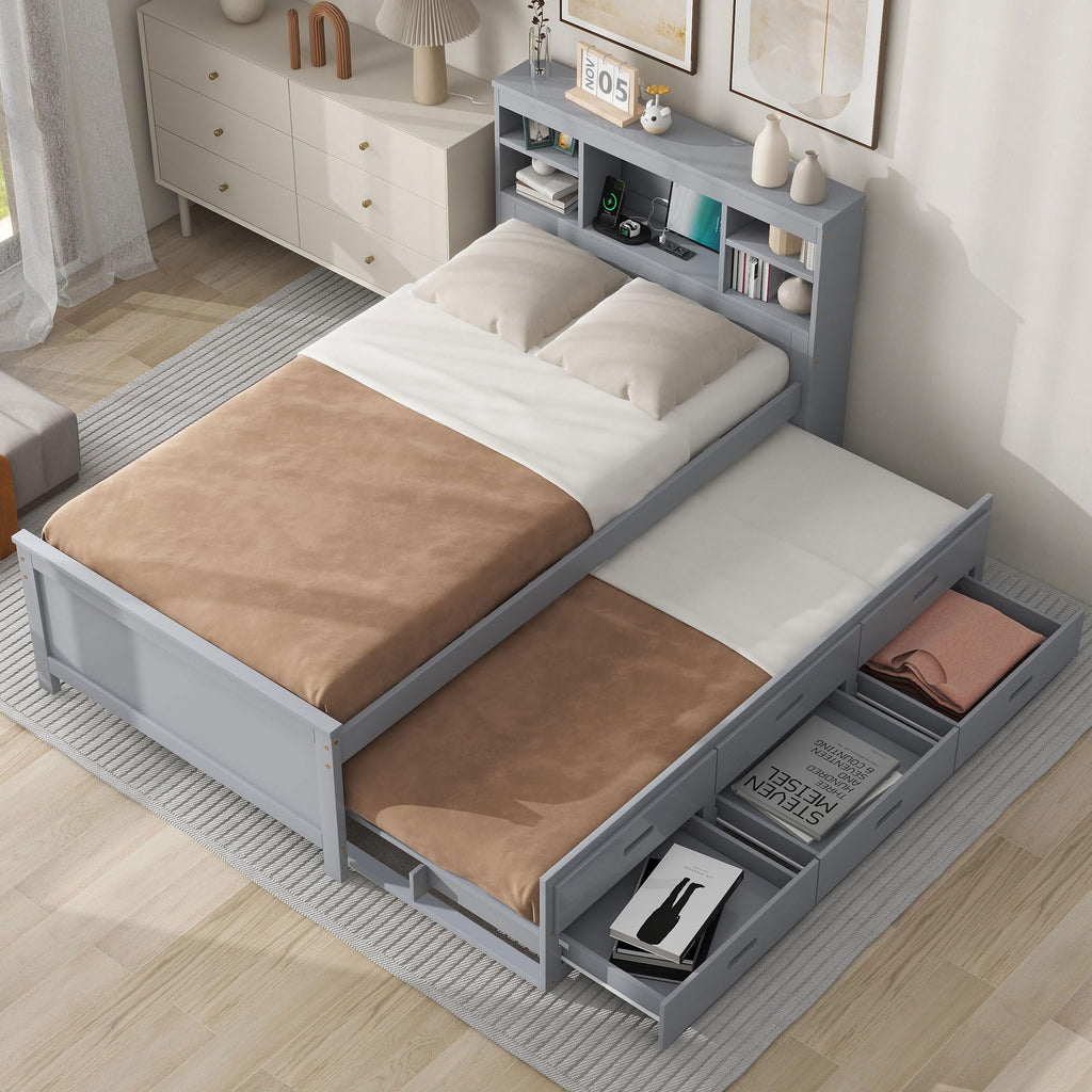 Twin Size Platform Bed with Storage Headboard, Trundle and 3 Drawers, Gray R319