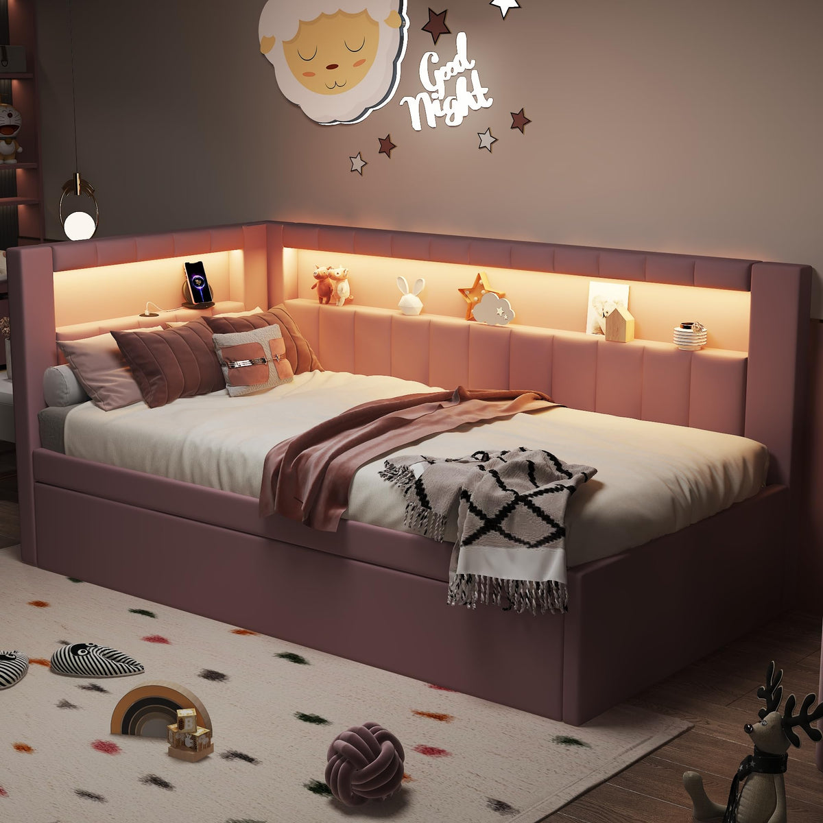 Twin Size Upholstered Platform Bed with Trundle and USB Ports O165774