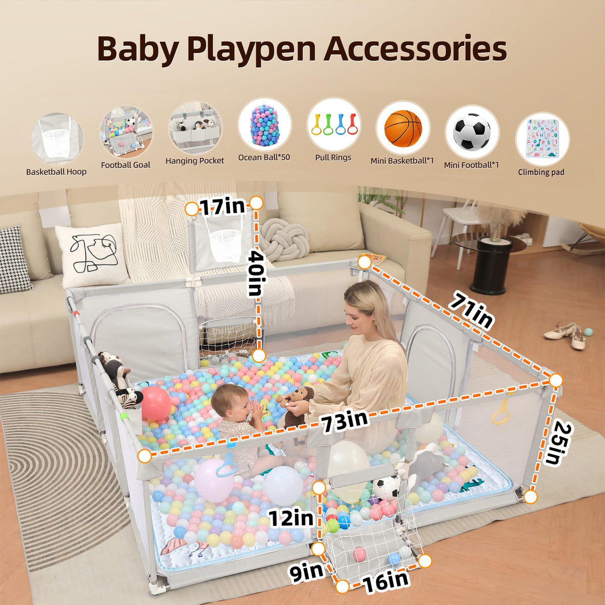 Baby Playpen with Mat 73"x71" W3433
