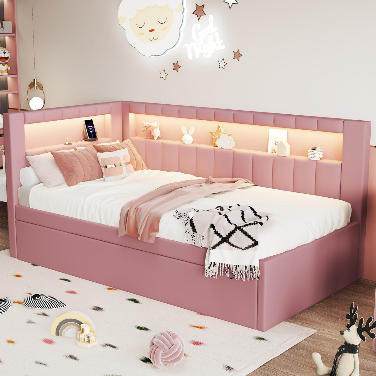 Twin Size Upholstered Platform Bed with Trundle and USB Ports O165774
