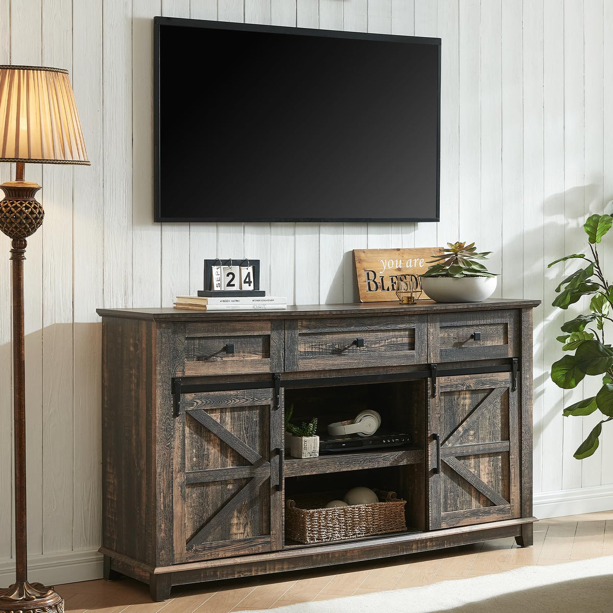 59" Dark Rustic Oak TV Stand with Storage Drawers R202