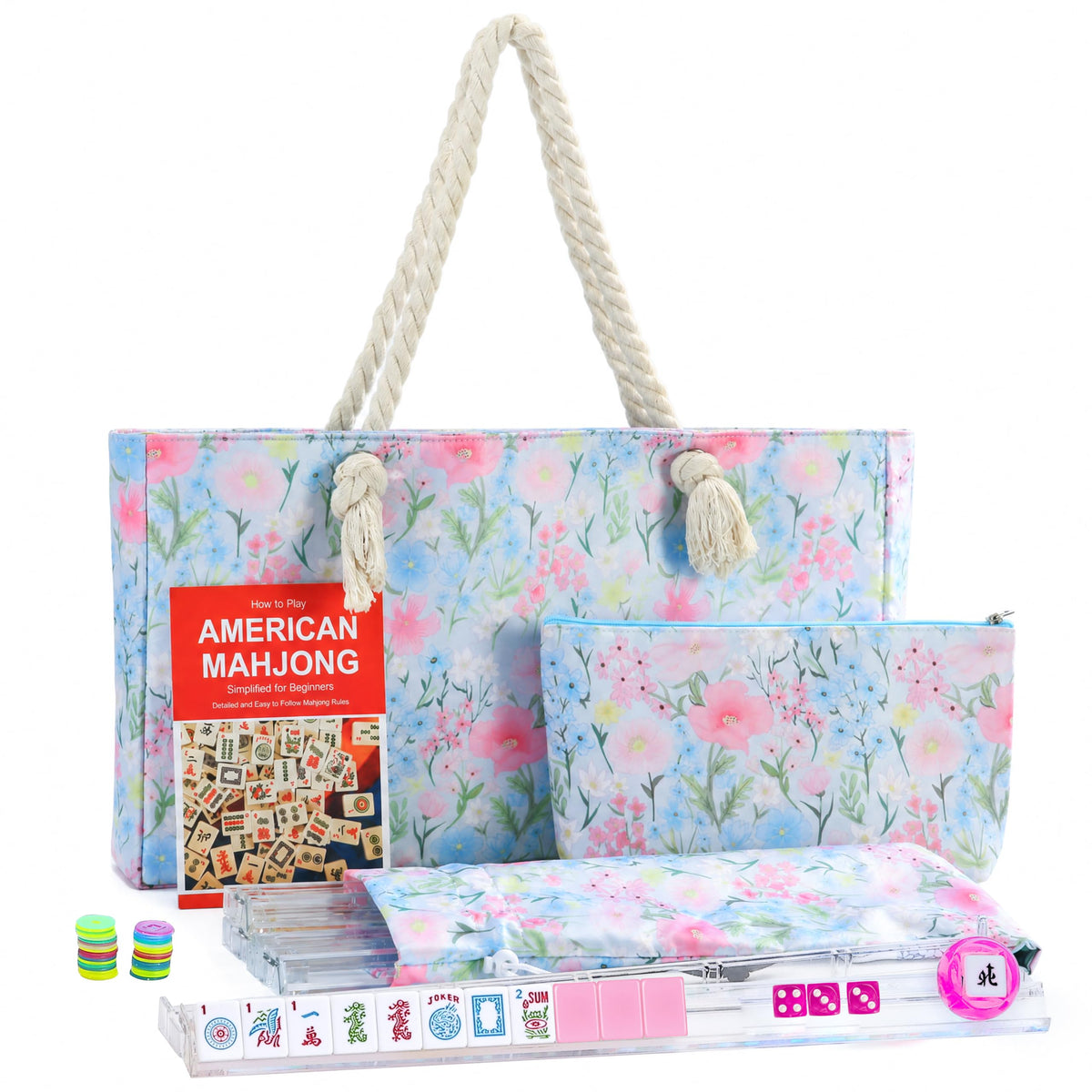 American Mahjong Set with Light Blue Carrying Bag, 166 Pink Engraved Melamine Tiles, 4 Transparent Racks with Pushers G7713