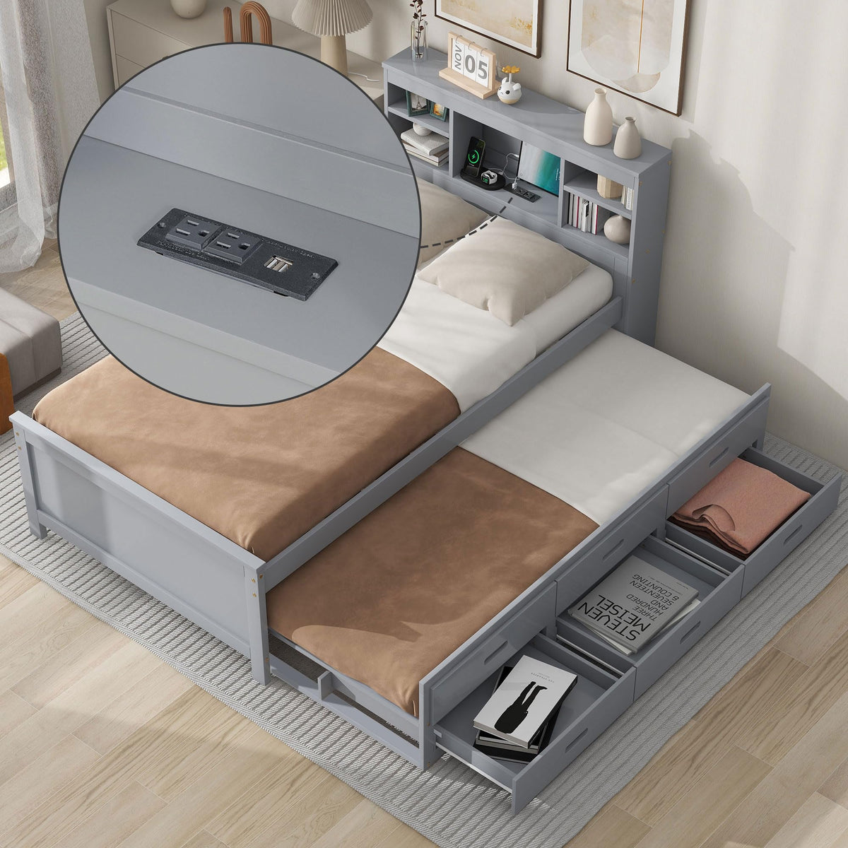 Twin Size Platform Bed with Storage Headboard, Trundle and 3 Drawers, Gray R319