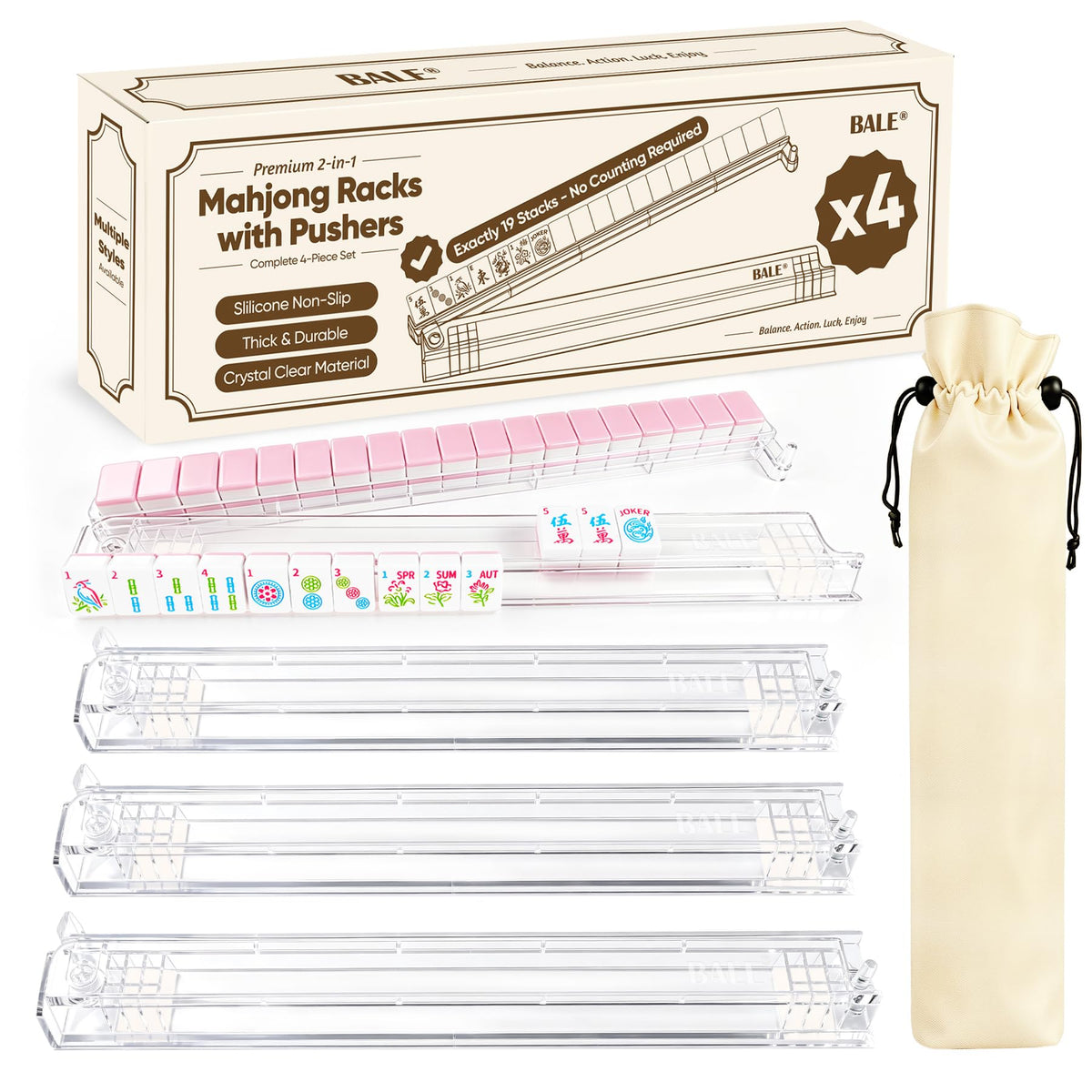 Acrylic Mahjong Racks with Pushers Set of 4 E339781