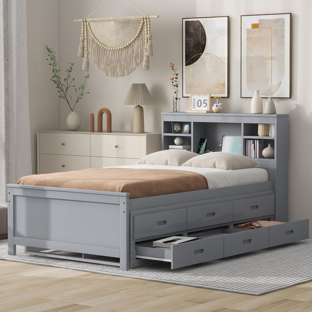 Twin Size Platform Bed with Storage Headboard, Trundle and 3 Drawers, Gray R319