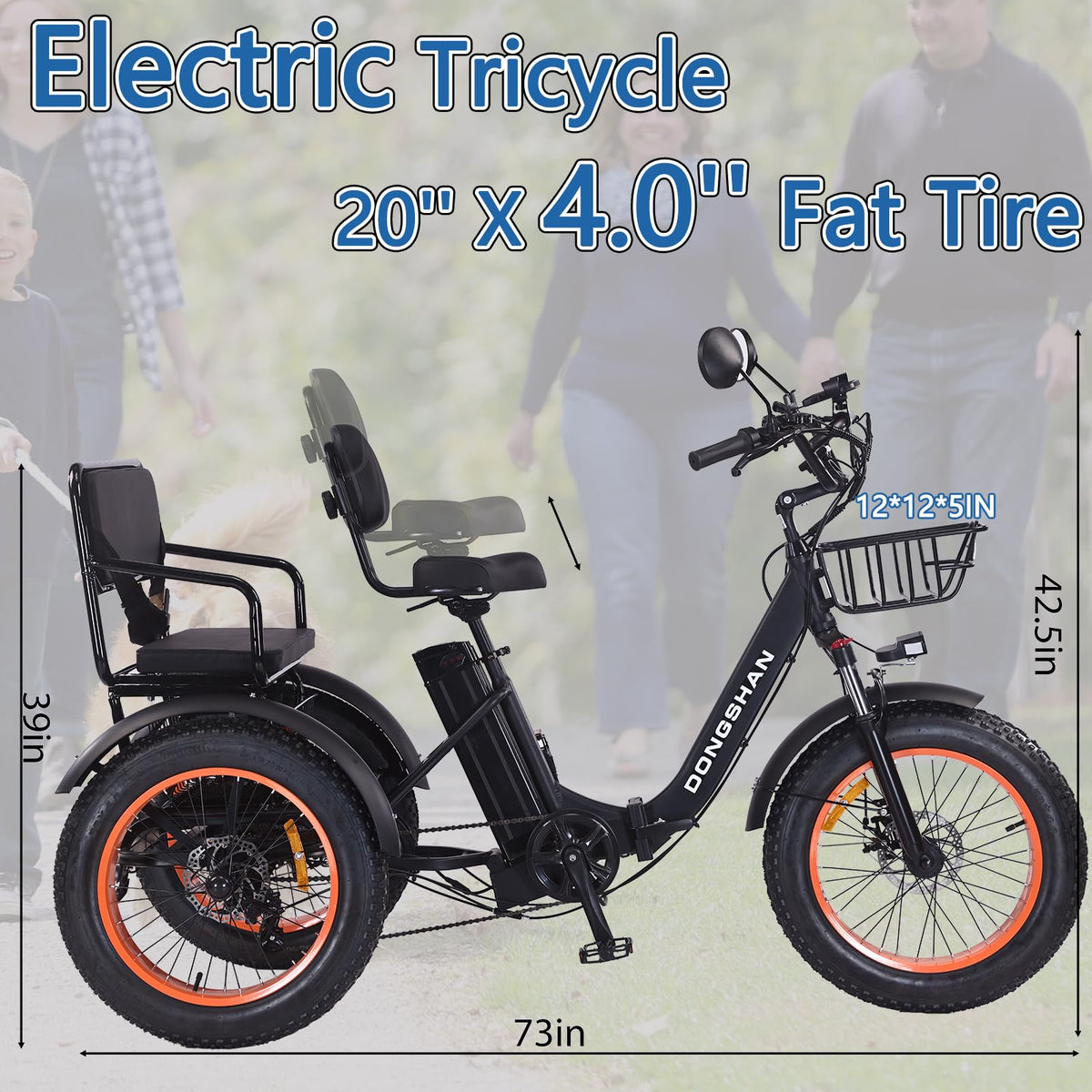 20"x4.0" Fat Tire 750W Folding Electric Tricycle 48V 15Ah Aluminum 7-Speed B390