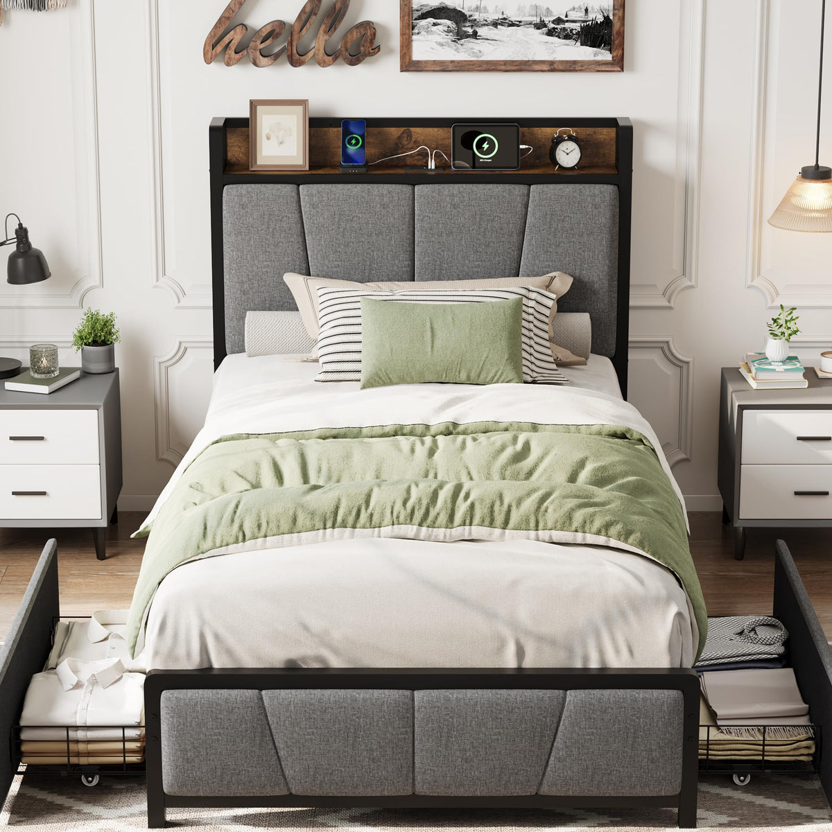 Grey Twin Size Linen Upholstered Platform Bed Frame with 2 Storage Drawers P343