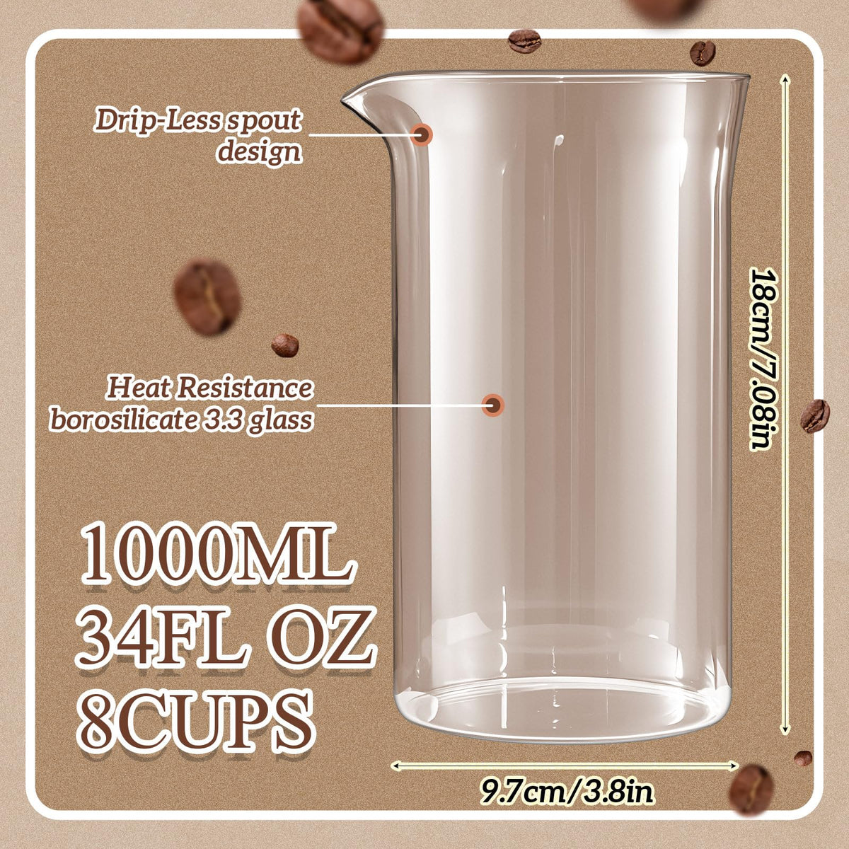 2 Pcs Borosilicate Glass French Press Replacement, 34 oz C705