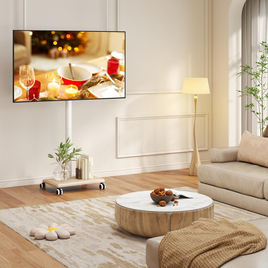 Rolling TV Stand for 32 to 60 Inch TV White Wood Base L65805