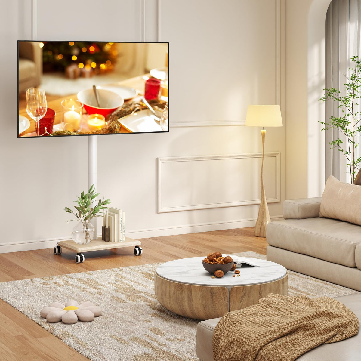 Rolling TV Stand for 32 to 60 Inch TV White Wood Base L65805