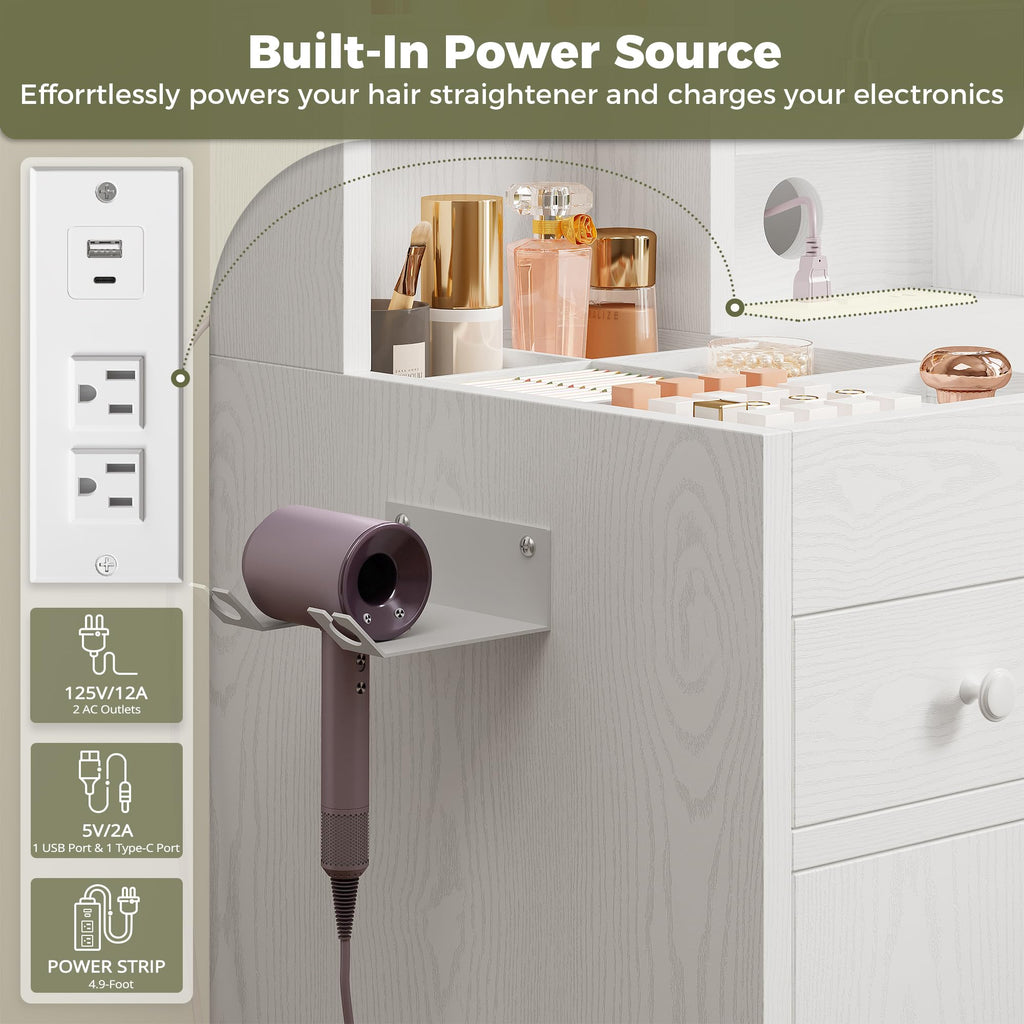White Vanity Desk with Mirror & Power Outlet E53311
