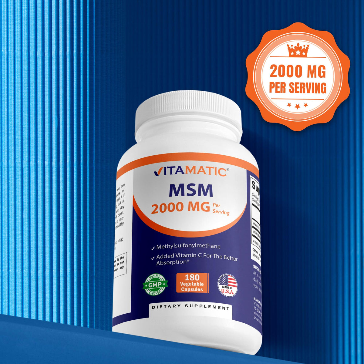 MSM 2000 mg with Vitamin C 180 Veg Capsules Non-GMO Gluten Free V1378