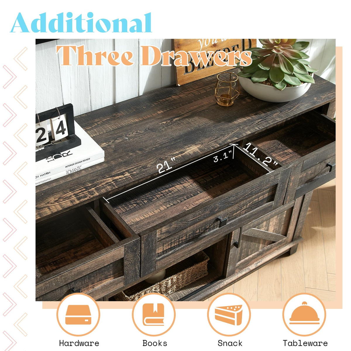 59" Dark Rustic Oak TV Stand with Storage Drawers R202
