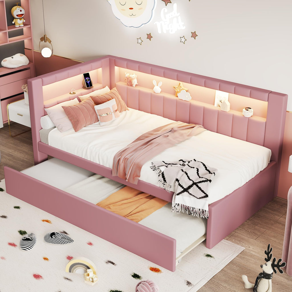 Twin Size Upholstered Platform Bed with Trundle and USB Ports O165774