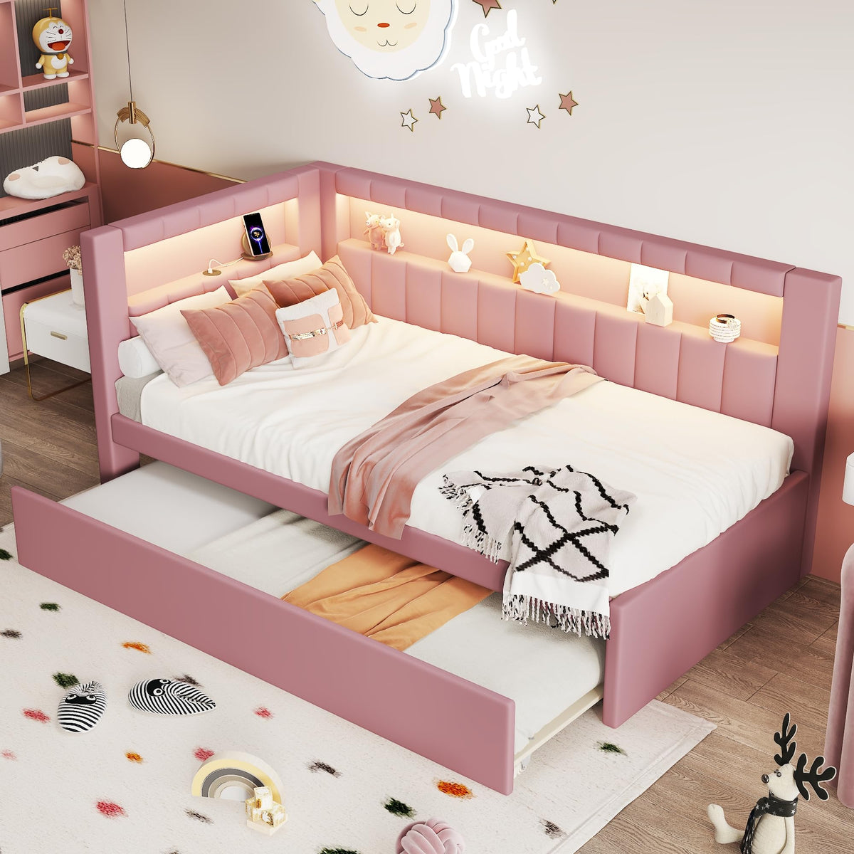 Twin Size Upholstered Platform Bed with Trundle and USB Ports O165774