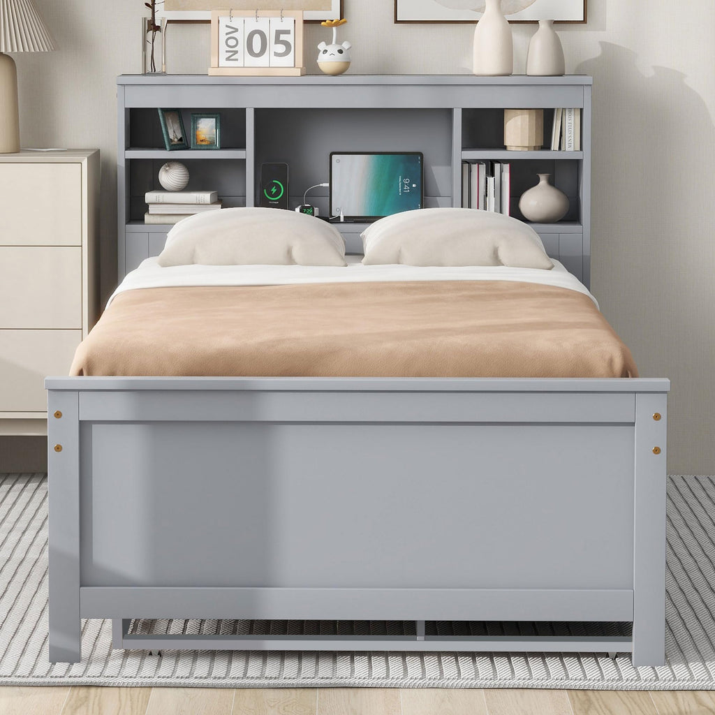Twin Size Platform Bed with Storage Headboard, Trundle and 3 Drawers, Gray R319