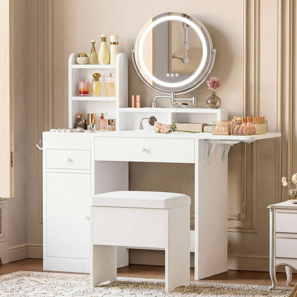 White Vanity Desk with Mirror & Power Outlet E53311