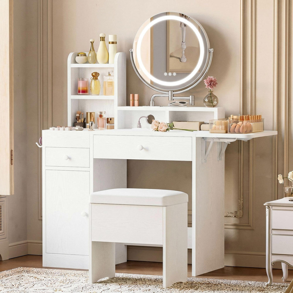 White Vanity Desk with Mirror & Power Outlet E53311