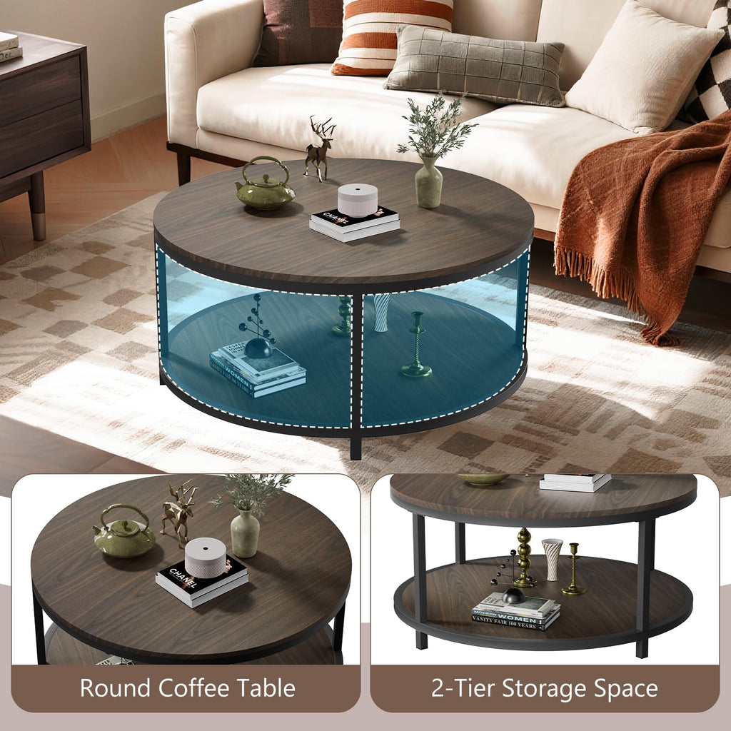 36" Round 2-Tier Coffee Table with Storage Shelf, Black Walnut N66826