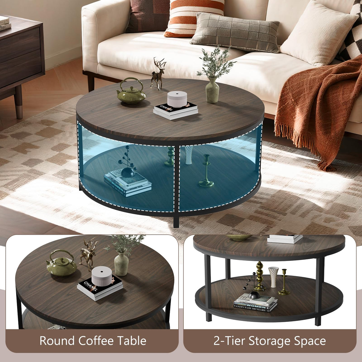 36" Round 2-Tier Coffee Table with Storage Shelf, Black Walnut N66826