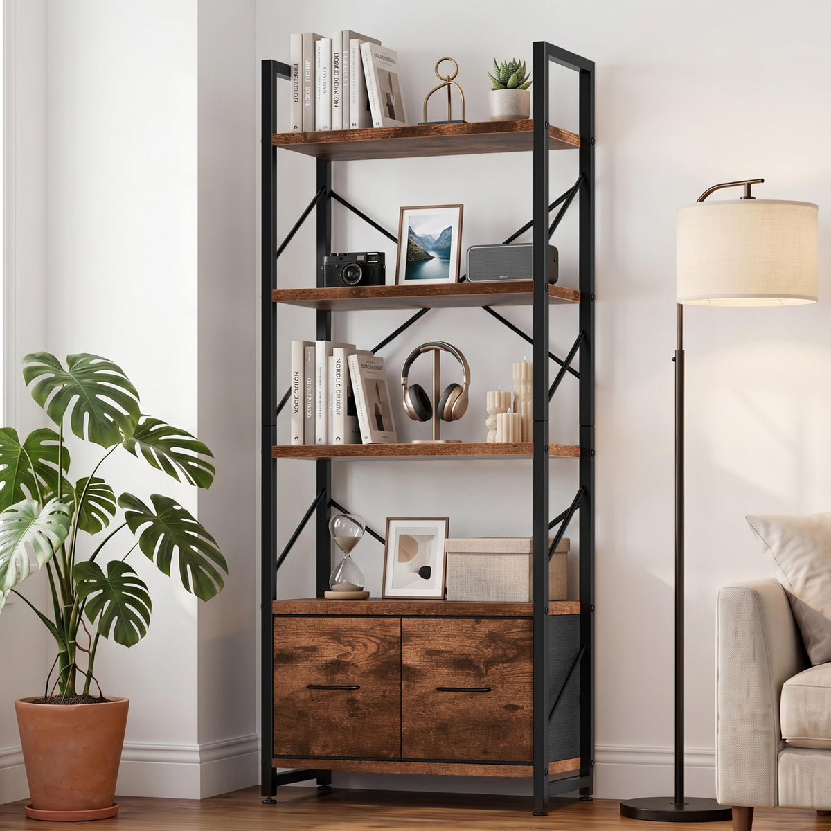 5 Tier Wood Bookshelf with Drawer O777730