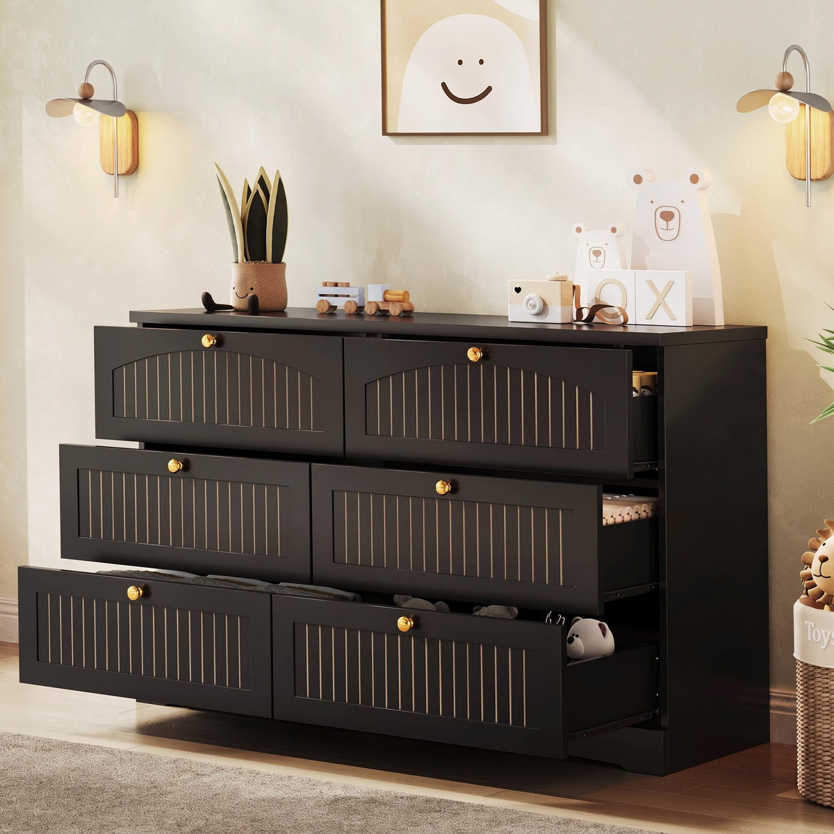 Black 6 Drawer Fluted Wood Dresser B167