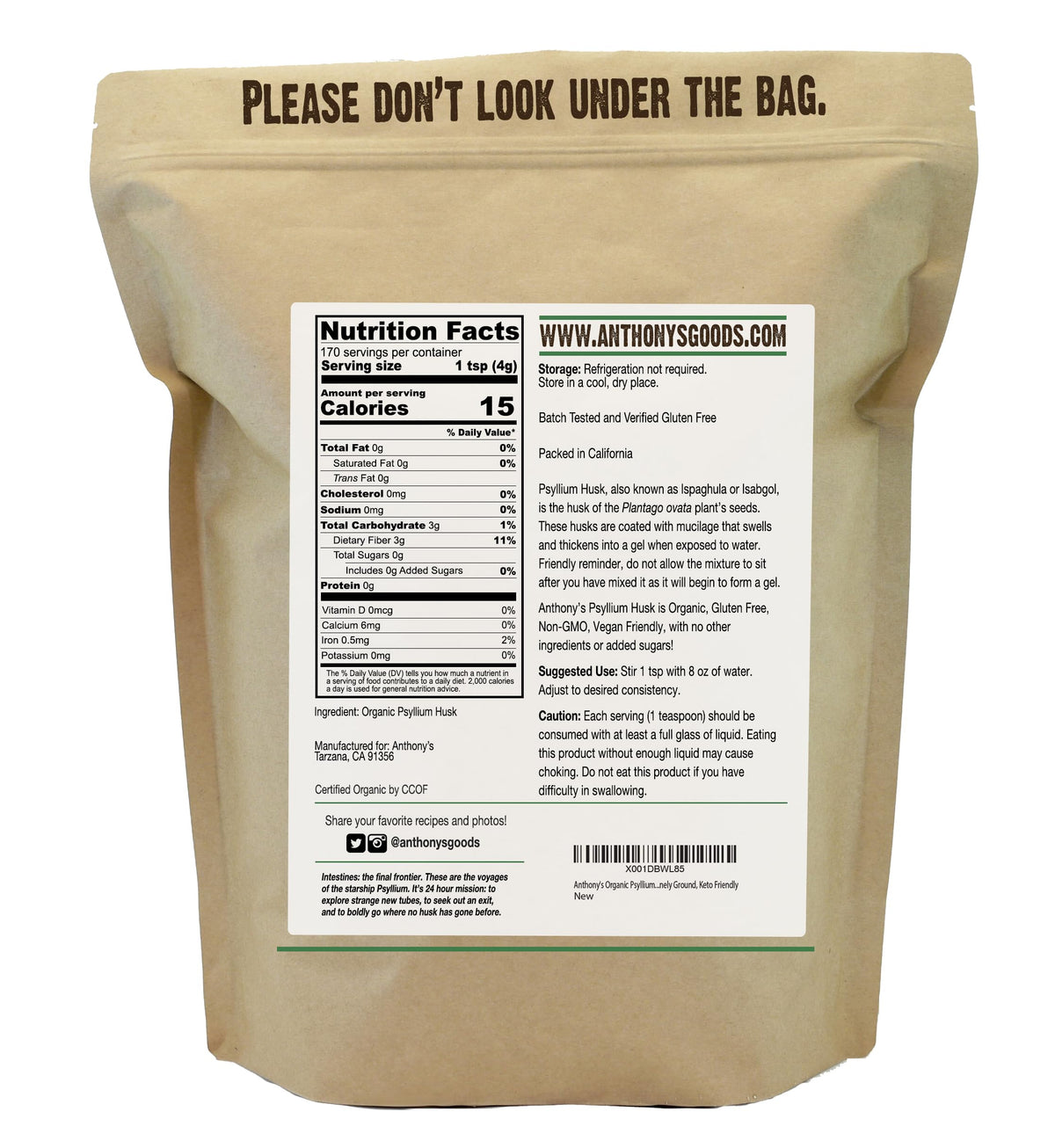 Organic Psyllium Husk Powder, 1.5 lb, Gluten Free, Non GMO N22112