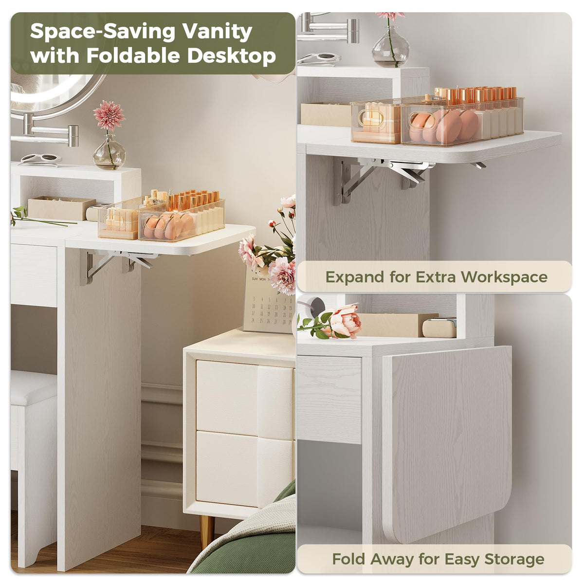 White Vanity Desk with Mirror & Power Outlet E53311