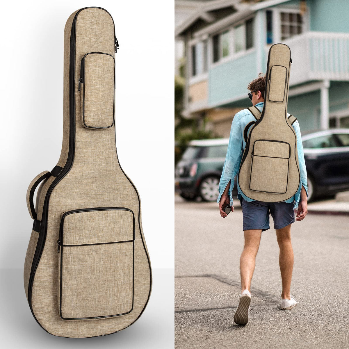 Khaki Acoustic Guitar Bag with Waterproof Padding and Shoulder Strap M559