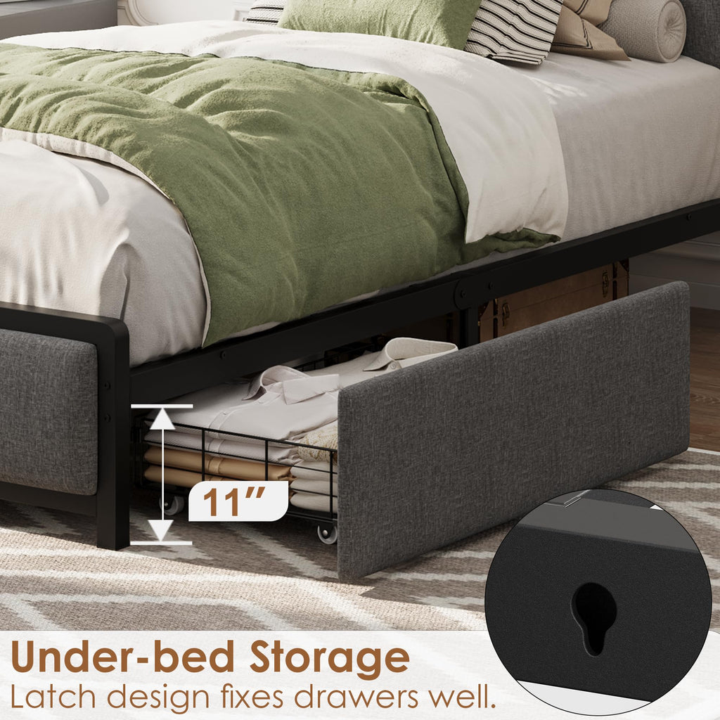 Grey Twin Size Linen Upholstered Platform Bed Frame with 2 Storage Drawers P343