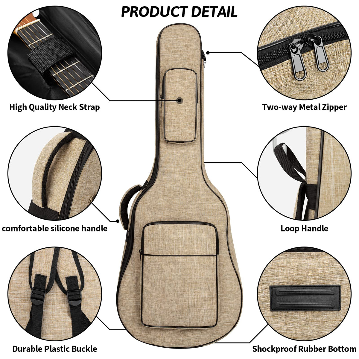 Khaki Acoustic Guitar Bag with Waterproof Padding and Shoulder Strap M559