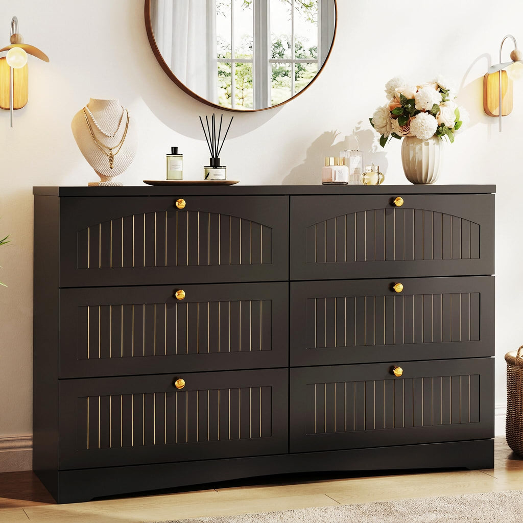 Black 6 Drawer Fluted Wood Dresser B167