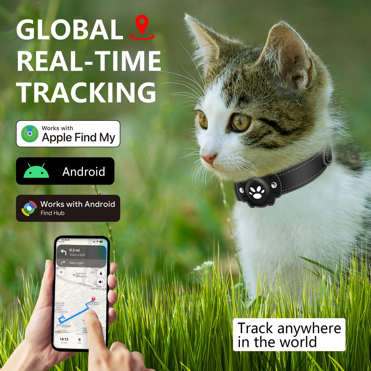GPS Cat Collar Tracker, Waterproof, Black W9491