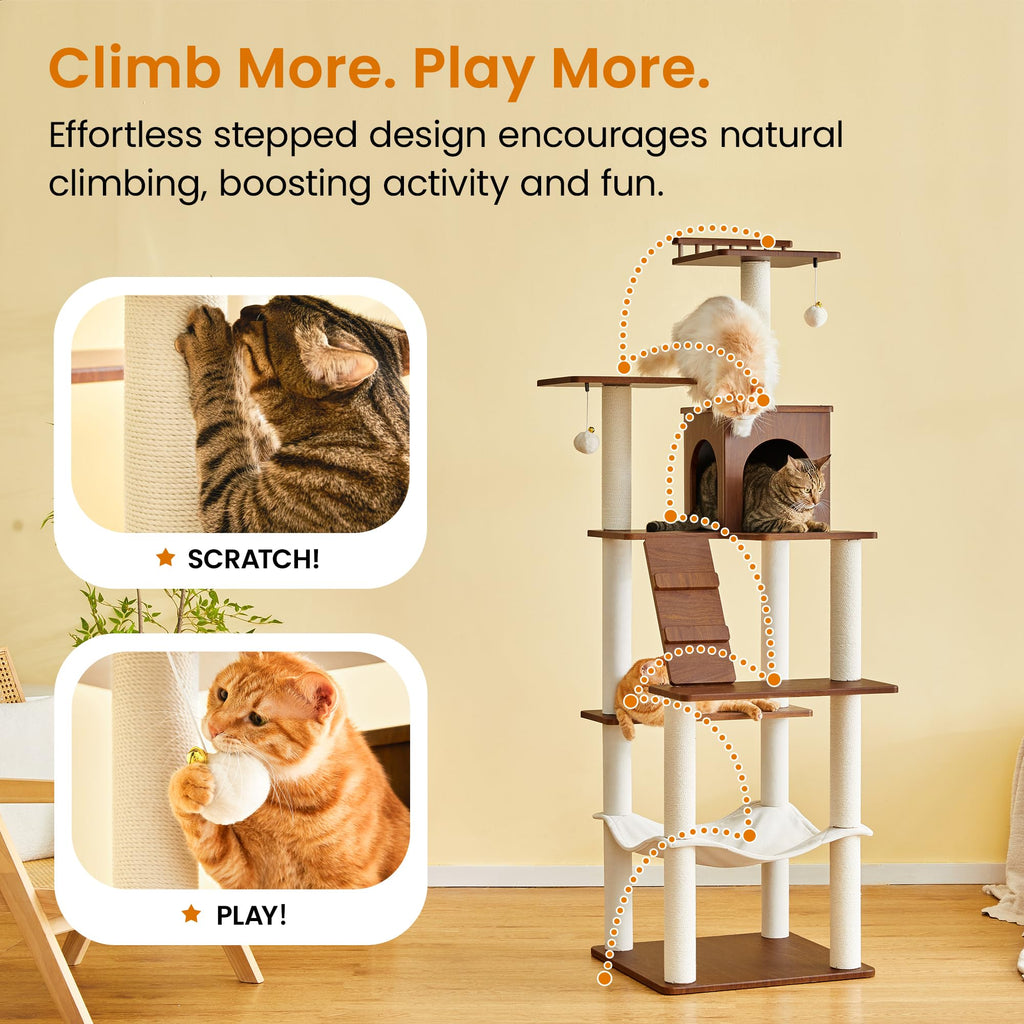 70 inch Tall Multi-Level Cat Tree with Scratching Posts, Perches, Hammock & Pad H4868