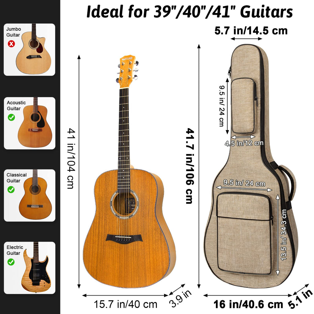 Khaki Acoustic Guitar Bag with Waterproof Padding and Shoulder Strap M559