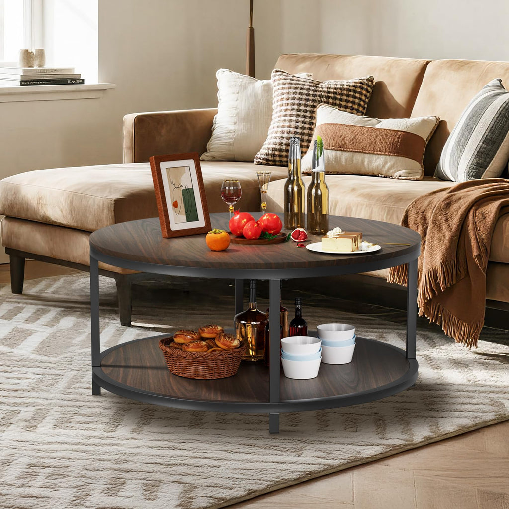 36" Round 2-Tier Coffee Table with Storage Shelf, Black Walnut N66826