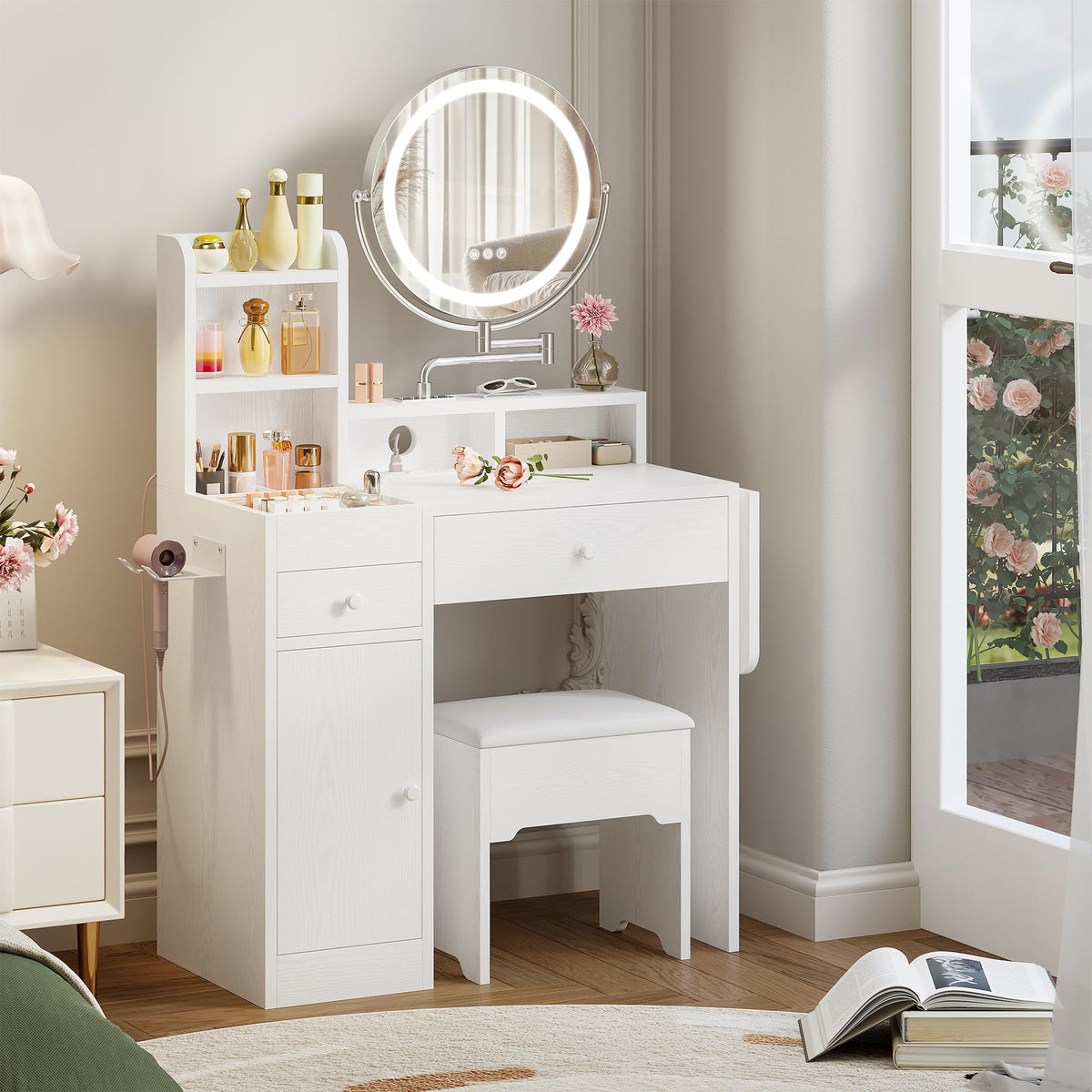 White Vanity Desk with Mirror & Power Outlet E53311
