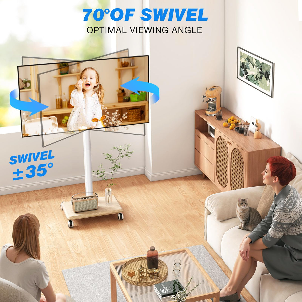 Rolling TV Stand for 32 to 60 Inch TV White Wood Base L65805
