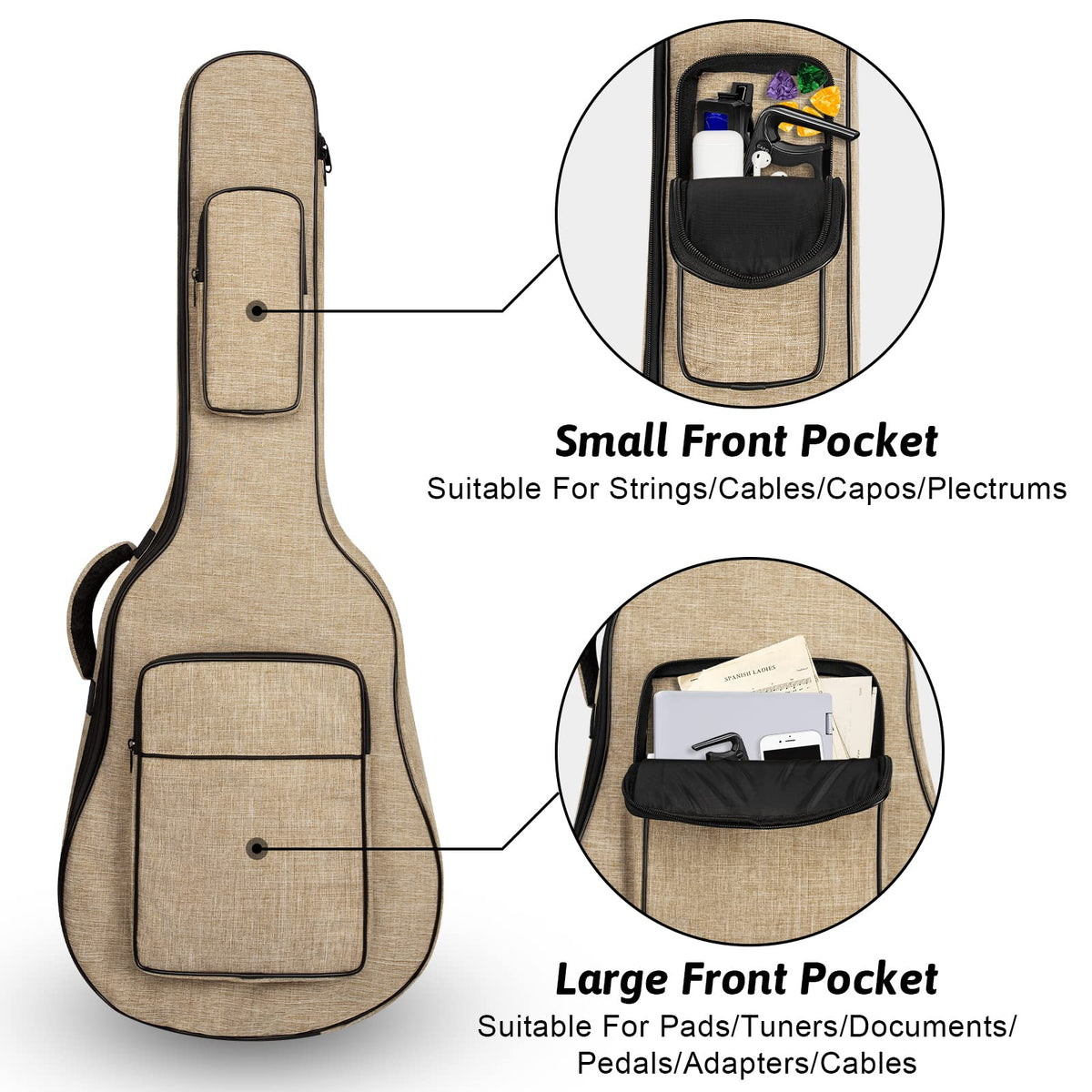 Khaki Acoustic Guitar Bag with Waterproof Padding and Shoulder Strap M559