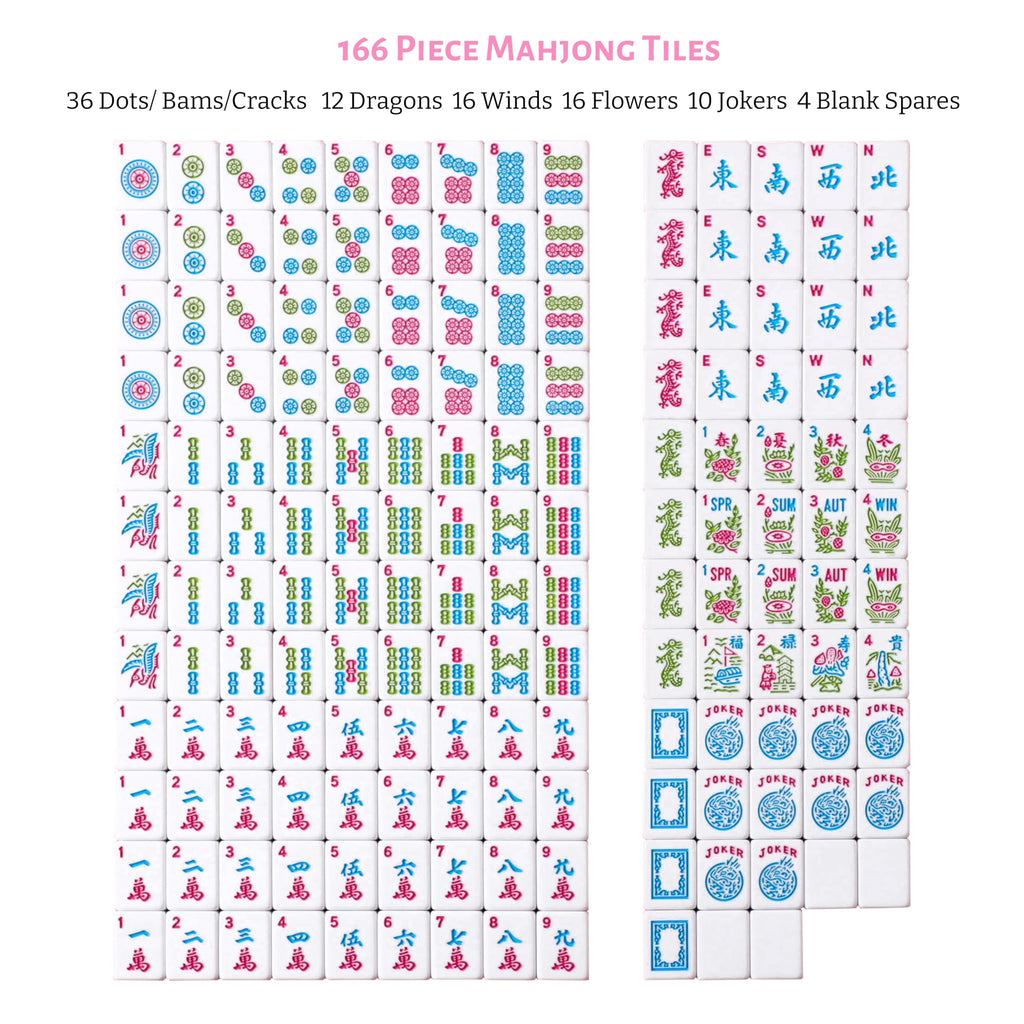 American Mahjong Set with Light Blue Carrying Bag, 166 Pink Engraved Melamine Tiles, 4 Transparent Racks with Pushers G7713