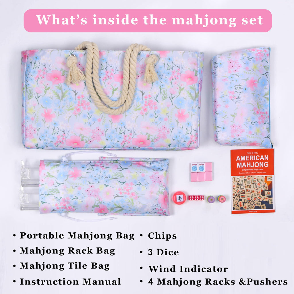 American Mahjong Set with Light Blue Carrying Bag, 166 Pink Engraved Melamine Tiles, 4 Transparent Racks with Pushers G7713